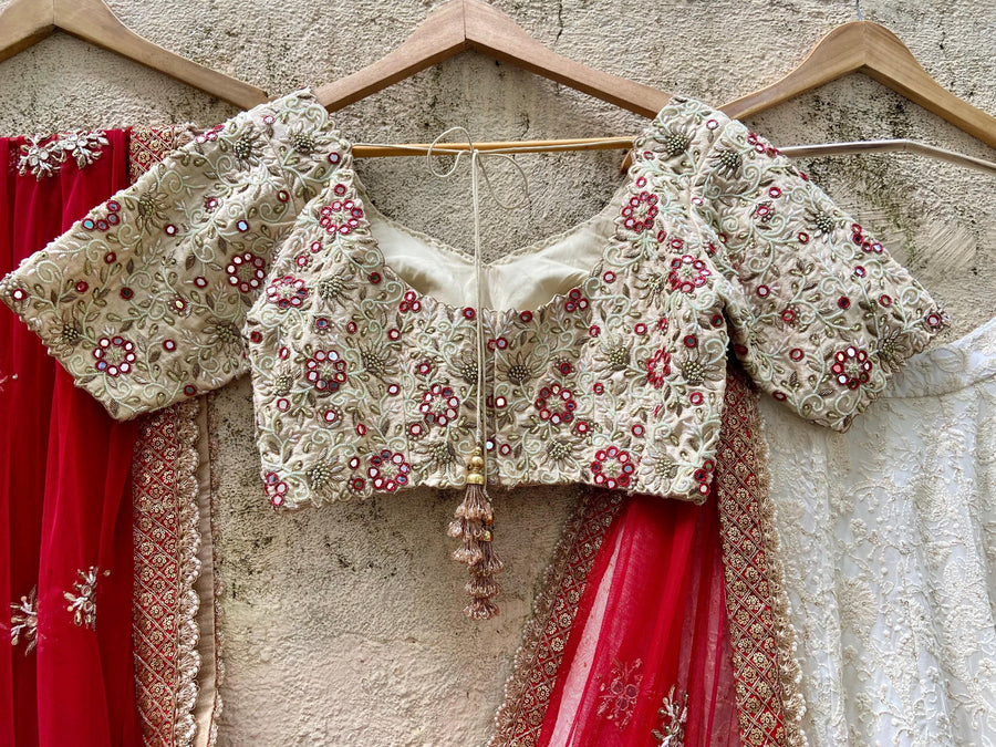 Ivory Red Bridal Thread & Mirror Lehenga Set - WaliaJones