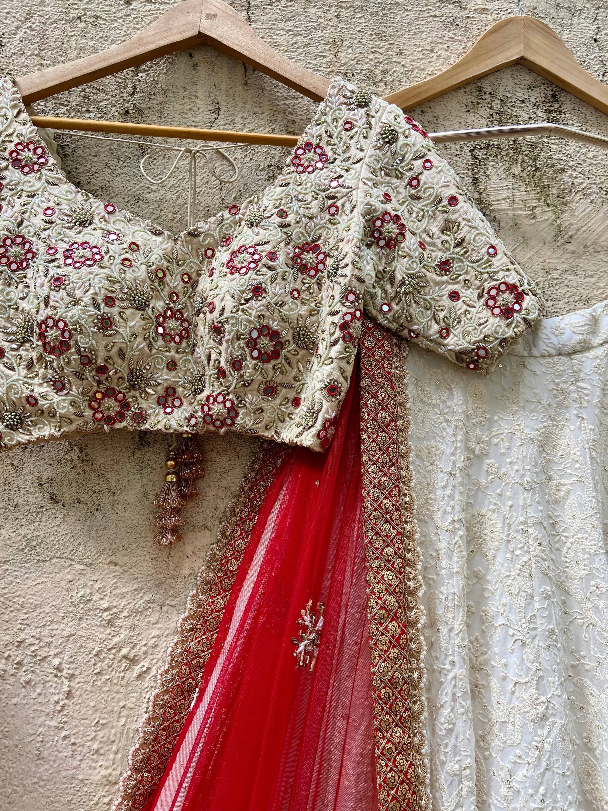 Ivory Red Bridal Thread &amp; Mirror Lehenga Set - WaliaJones