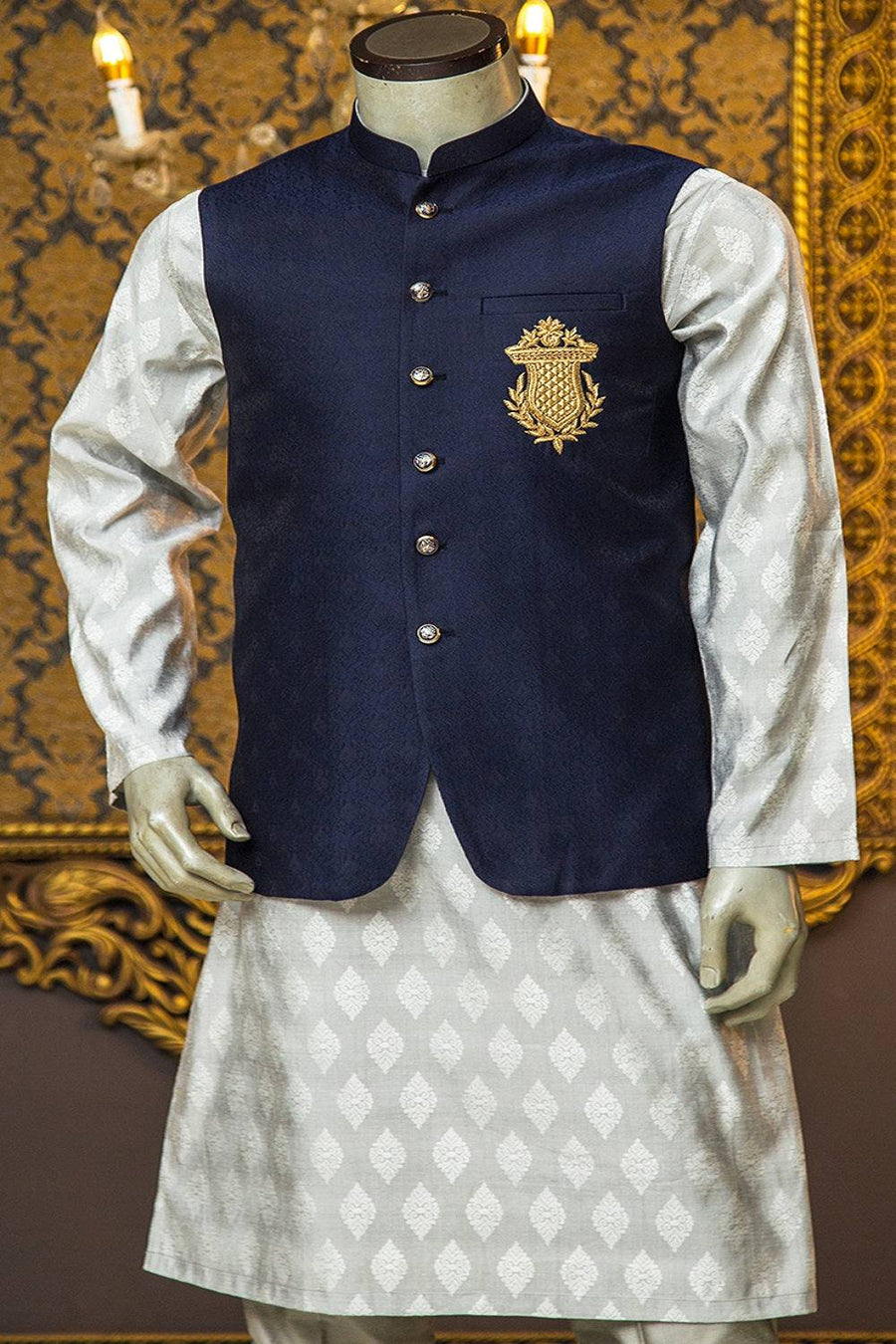 Jamawar Waistcoat with Handwork Motive - WaliaJones