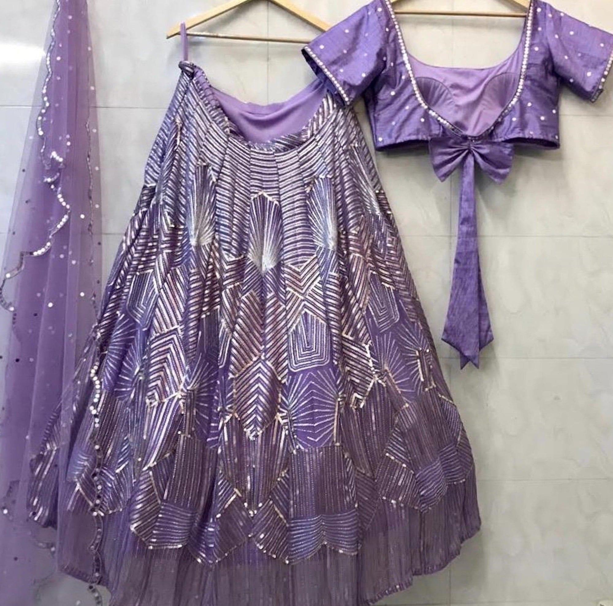 Lavender Metallic Sequins &amp; Mirror Lehenga Set - WaliaJones