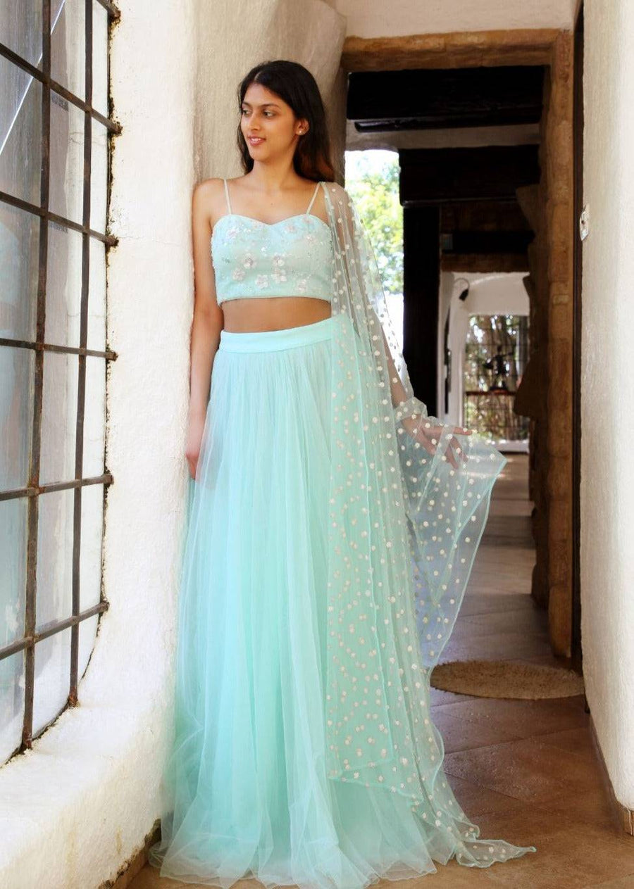 Mint Green Bustier with Pearl Embroidery, Tulle Skirt & Dupatta - WaliaJones
