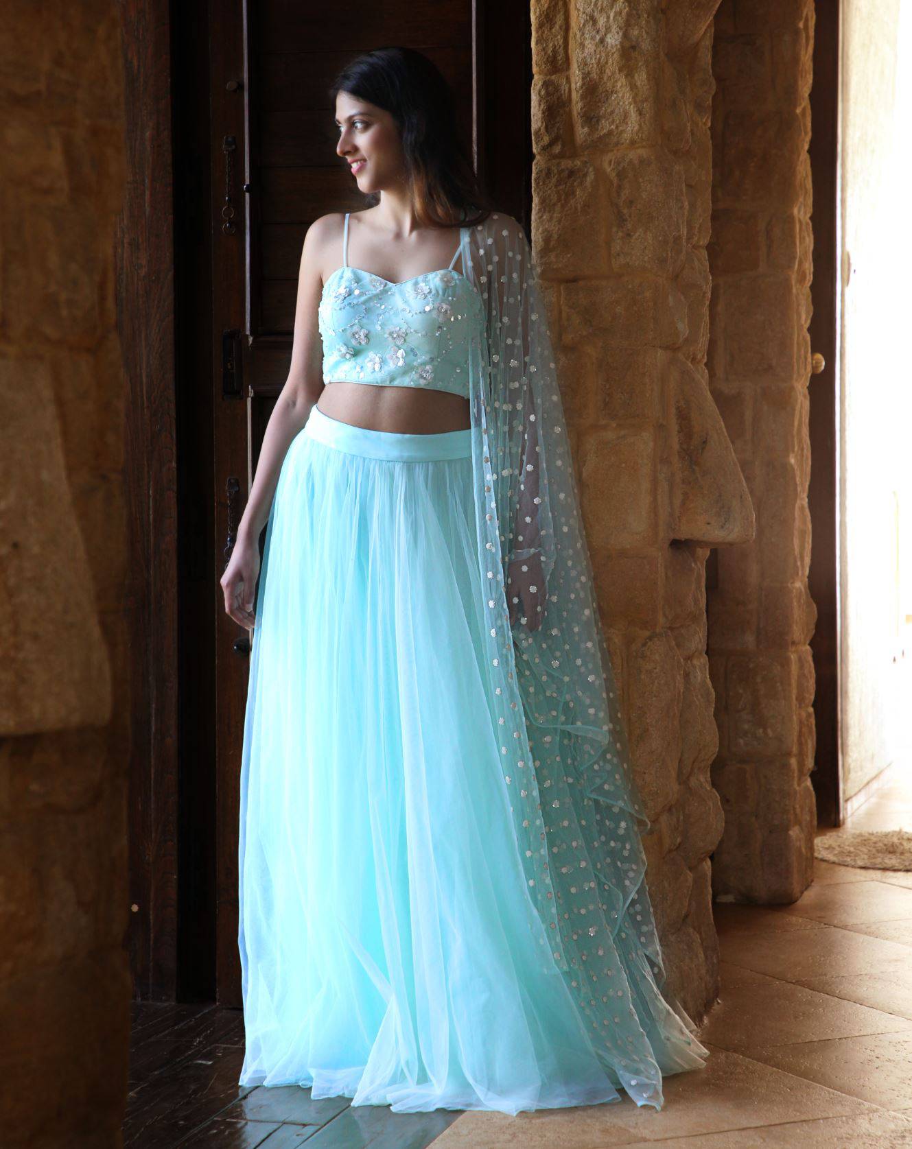 Mint Green Bustier with Pearl Embroidery, Tulle Skirt &amp; Dupatta - WaliaJones