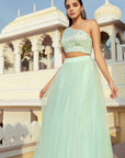 Mint Green One Shoulder Blouse with Pearl Embroidery & Tulle Skirt - WaliaJones