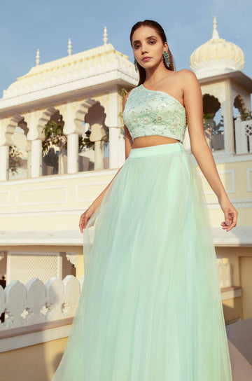 Mint Green One Shoulder Blouse with Pearl Embroidery & Tulle Skirt - WaliaJones