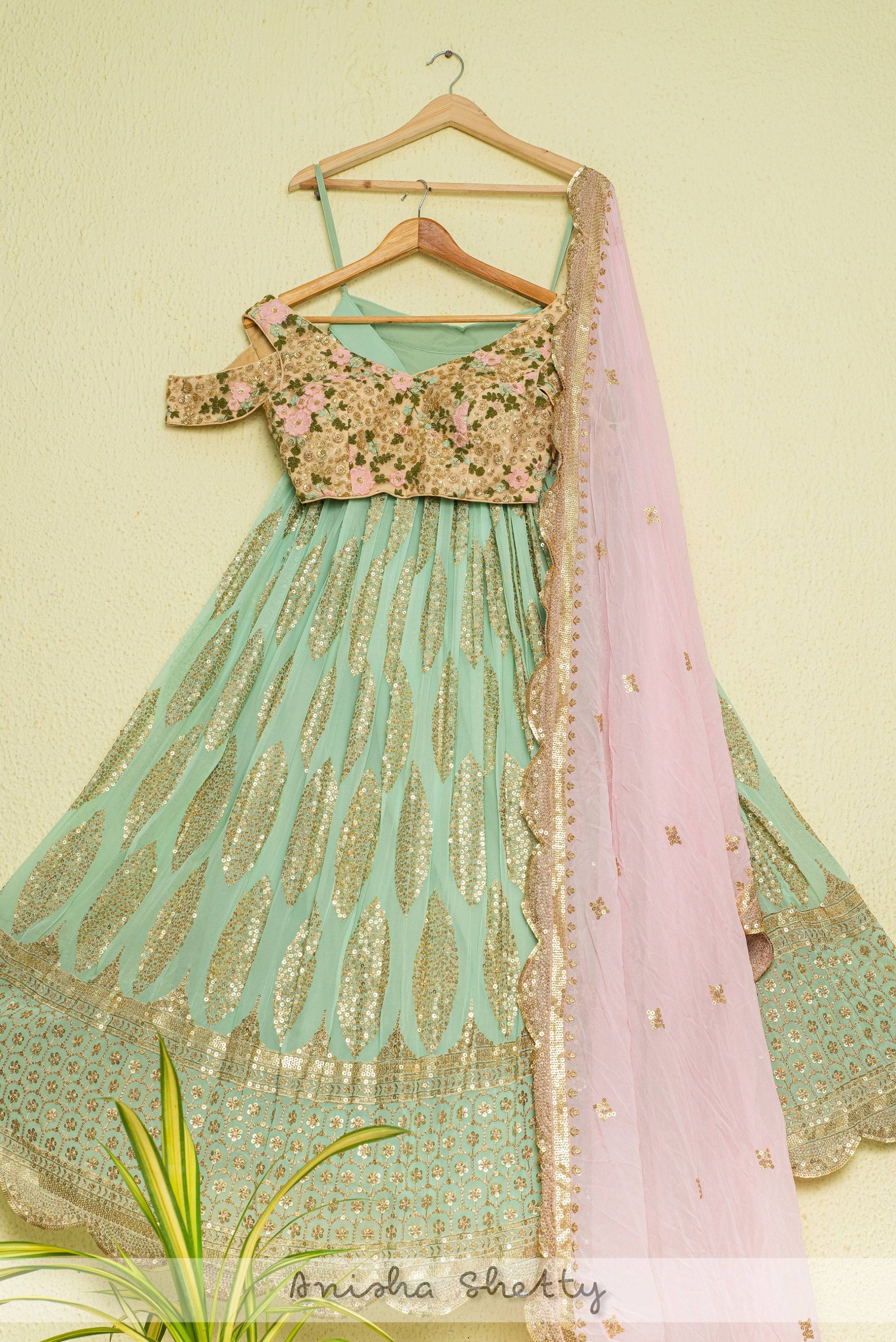 Mint Green Sequin Lehenga with Oyster Floral Blouse &amp; Pink Dupatta - WaliaJones