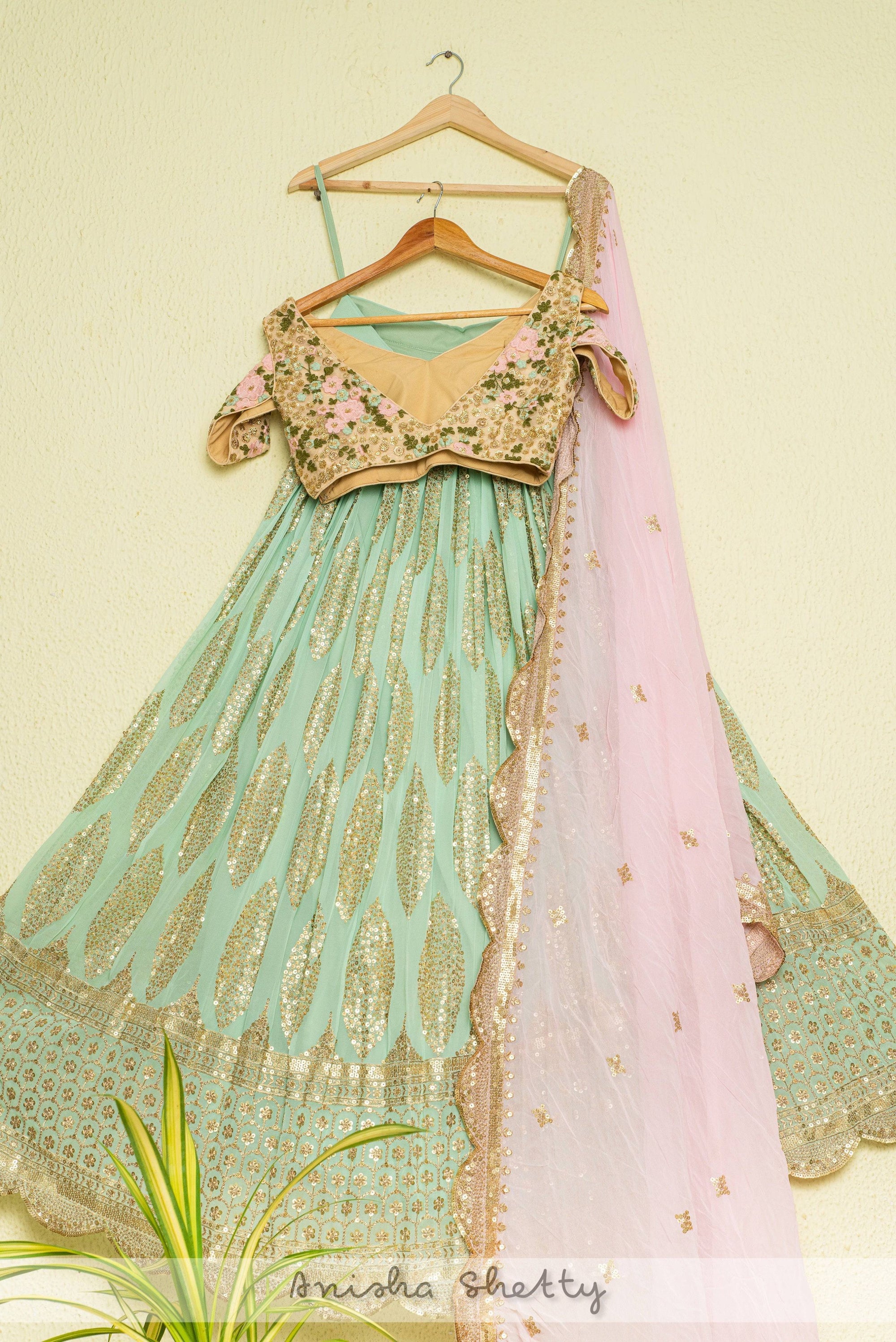 Mint Green Sequin Lehenga with Oyster Floral Blouse &amp; Pink Dupatta - WaliaJones