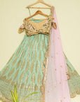 Mint Green Sequin Lehenga with Oyster Floral Blouse & Pink Dupatta - WaliaJones