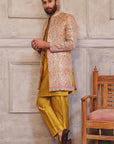 Multi-colored Mirror Work Prince Coat with Matching Raw Silk Suit - WaliaJones