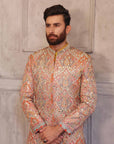 Multi-colored Mirror Work Prince Coat with Matching Raw Silk Suit - WaliaJones