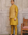 Mustard Mirror Work Waistcoat with Matching Raw Silk Suit - WaliaJones