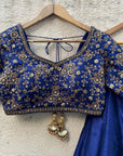 Navy Blue Raw Silk Lehenga Set with Embroidered Blouse - WaliaJones