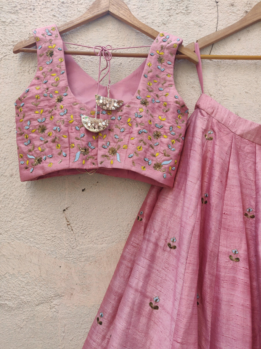 Nude pink Resham and sequin embroidered lehenga set - WaliaJones