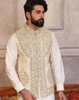 Off White Hand Embroidered  Waistcoat with Matching Raw Silk Suit - WaliaJones