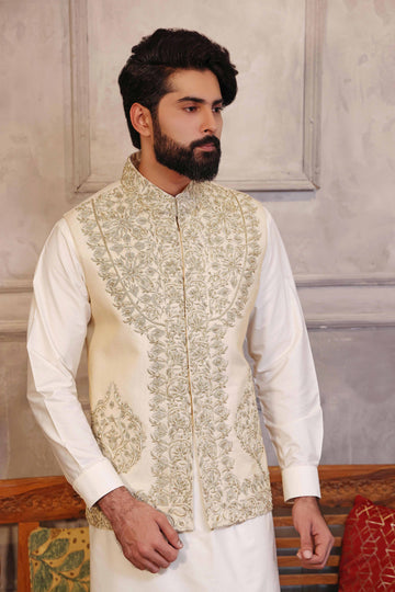 Off White Hand Embroidered  Waistcoat with Matching Raw Silk Suit - WaliaJones