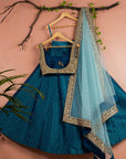 Peacock Blue Lehenga with Mirrorwork Blouse and Sky Blue Dupatta - WaliaJones