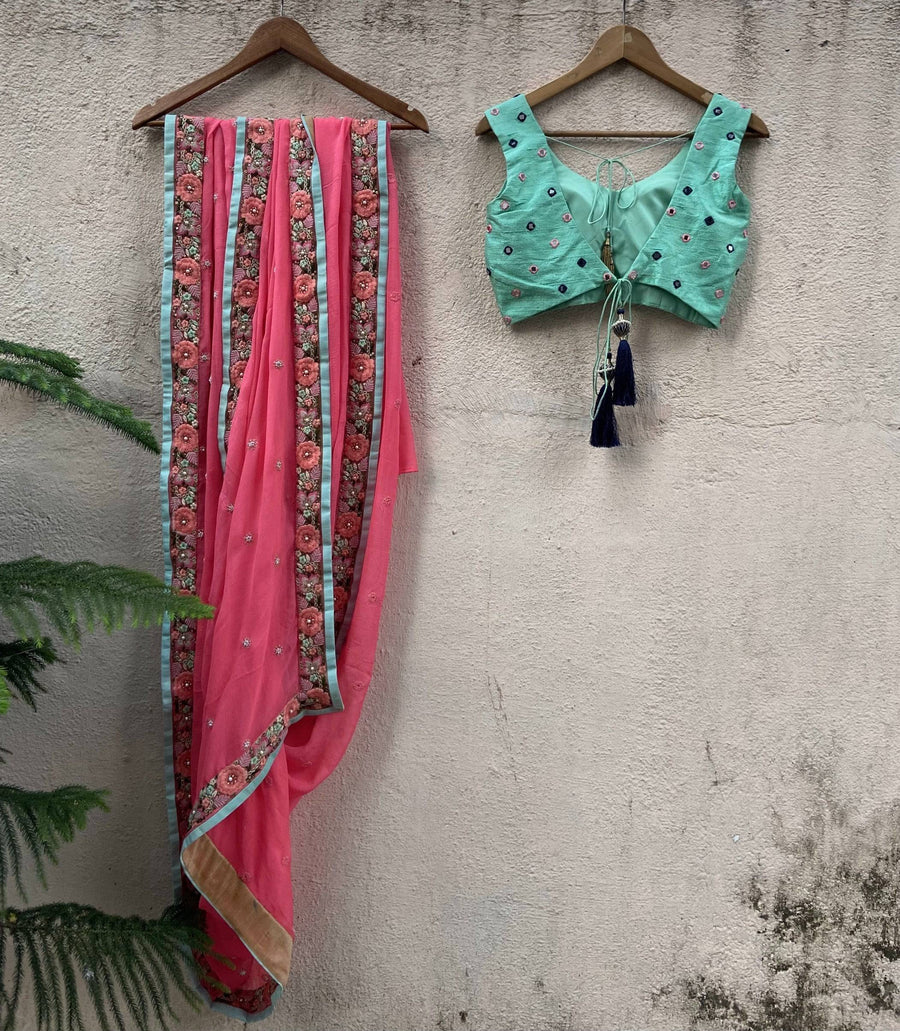 Pink Chiffon Saree with Thread Work Border - WaliaJones