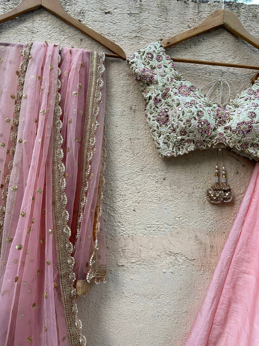 Pink Lehenga Set with Ivory Embroidered Blouse - WaliaJones