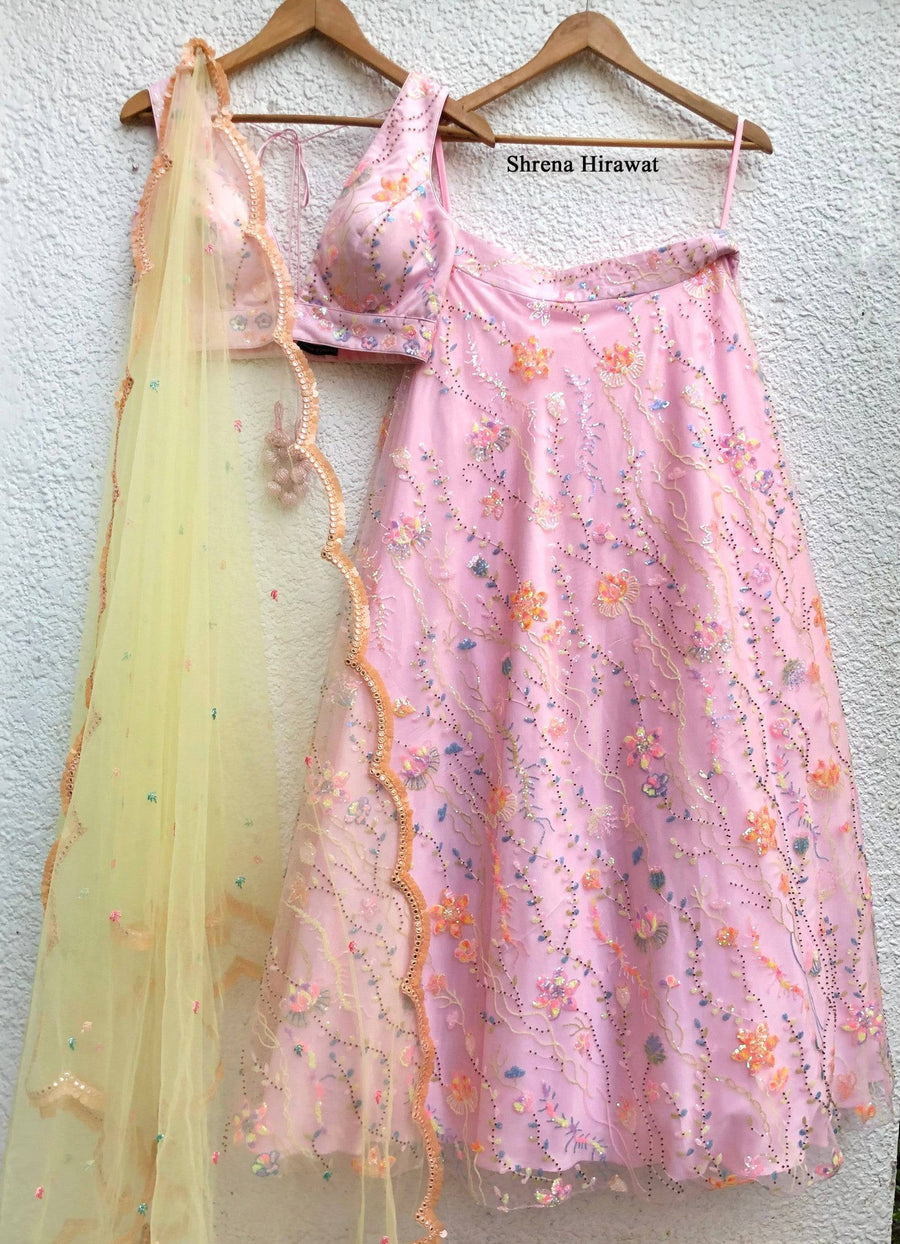 Pink Multi Sequins Blouse with Pink Multi Sequins Skirt and Yellow Scallop Dupatta - WaliaJones