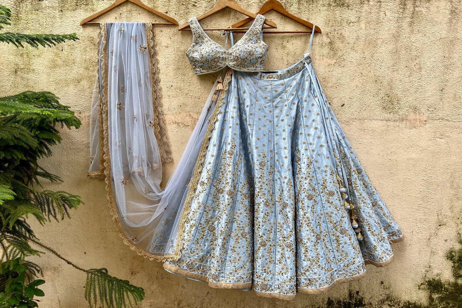 Powder Blue Bridal Embroidered Lehenga Set - WaliaJones