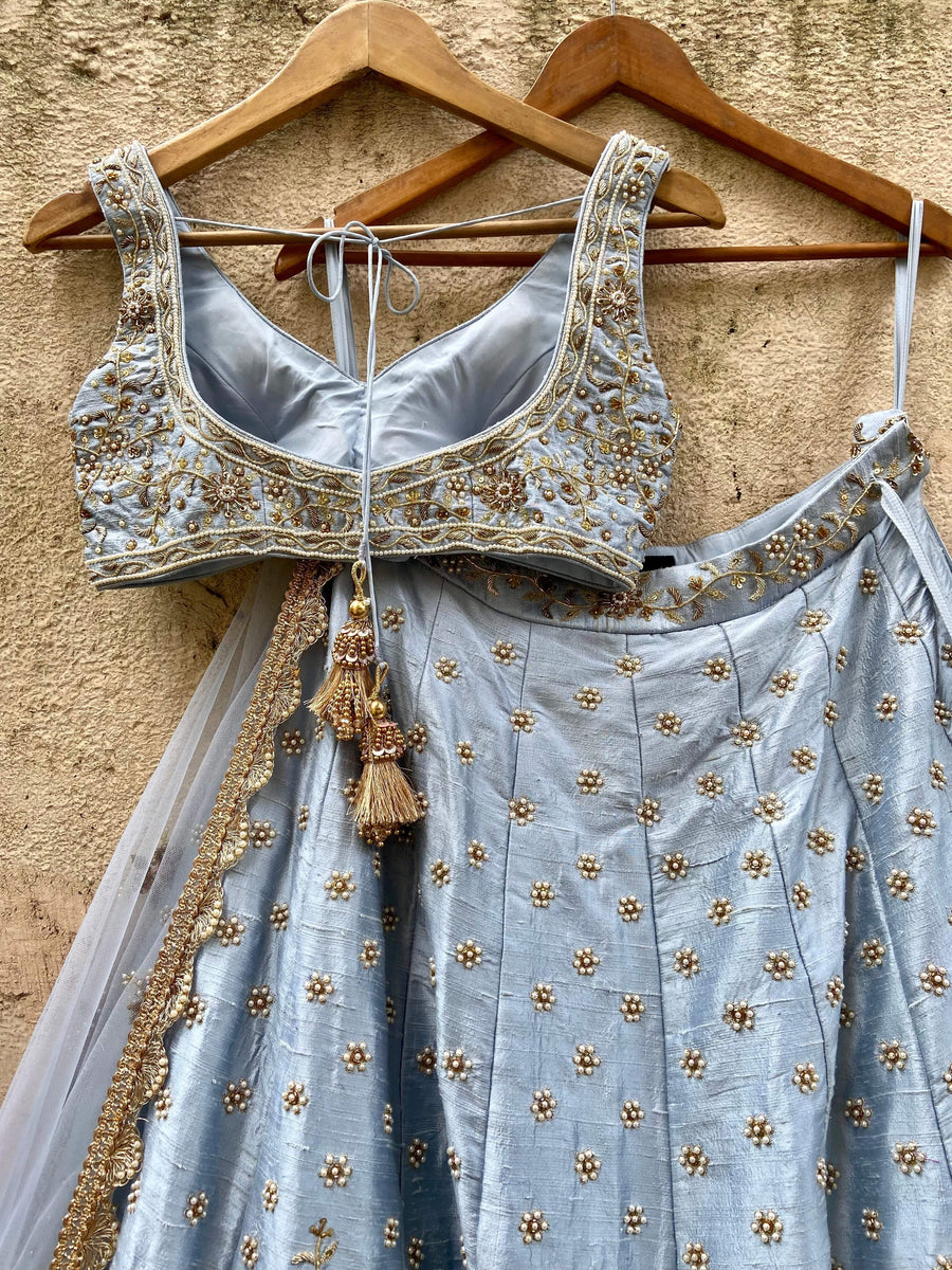 Powder Blue Bridal Embroidered Lehenga Set - WaliaJones