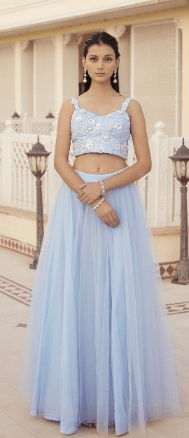 Powder Blue Bustier with Pearl Embroidery &amp; Tulle Skirt - WaliaJones