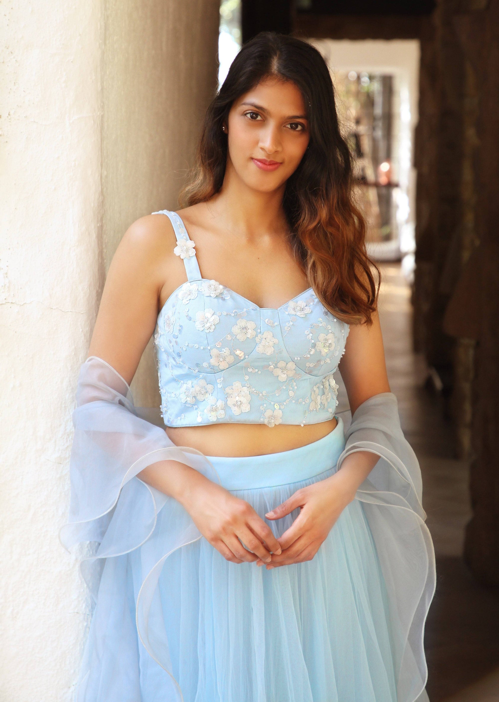 Powder Blue Bustier with Pearl Embroidery &amp; Tulle Skirt - WaliaJones