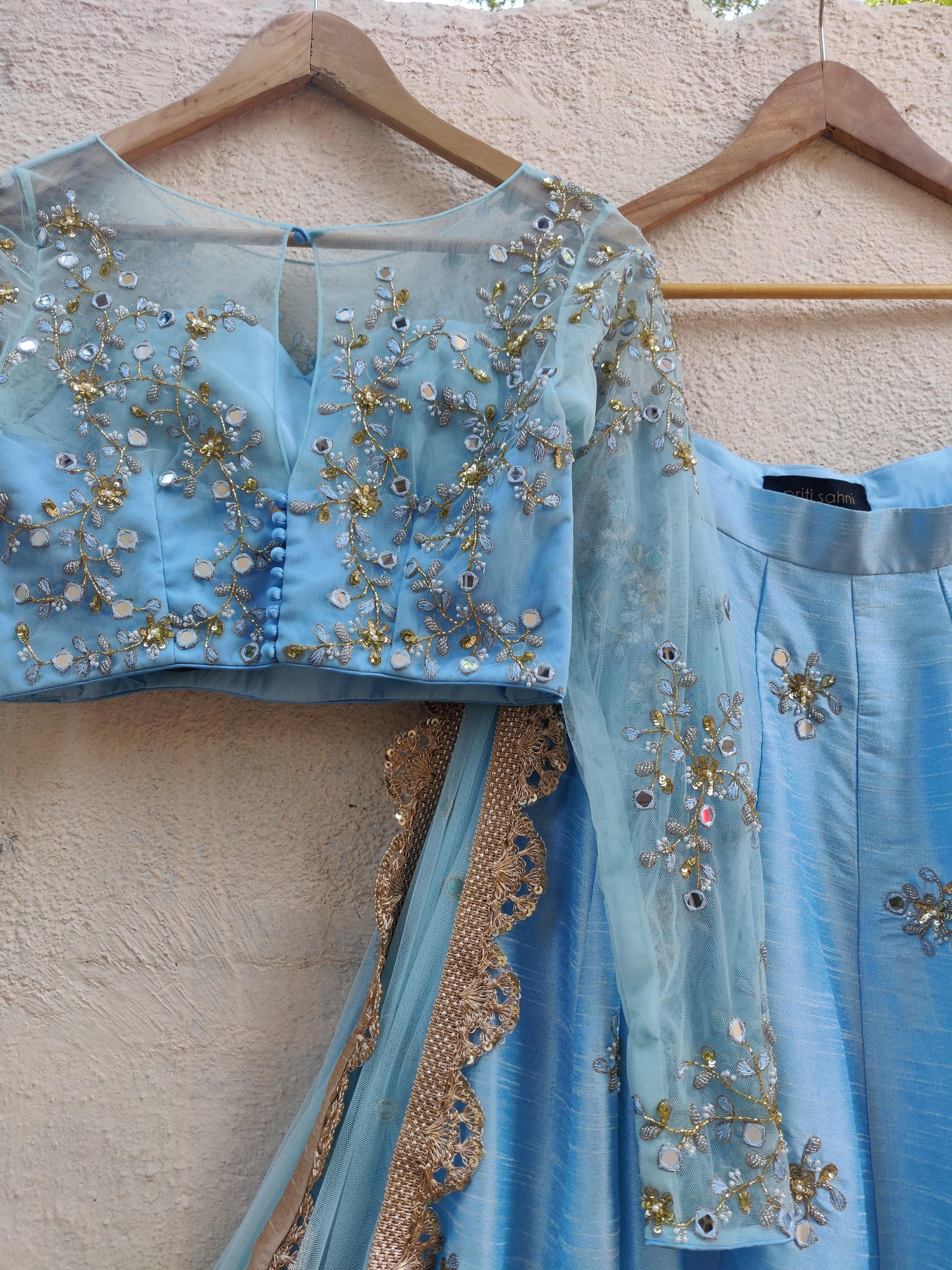Powder Blue Mirror &amp; Thread Embroidered Lehenga Set - WaliaJones