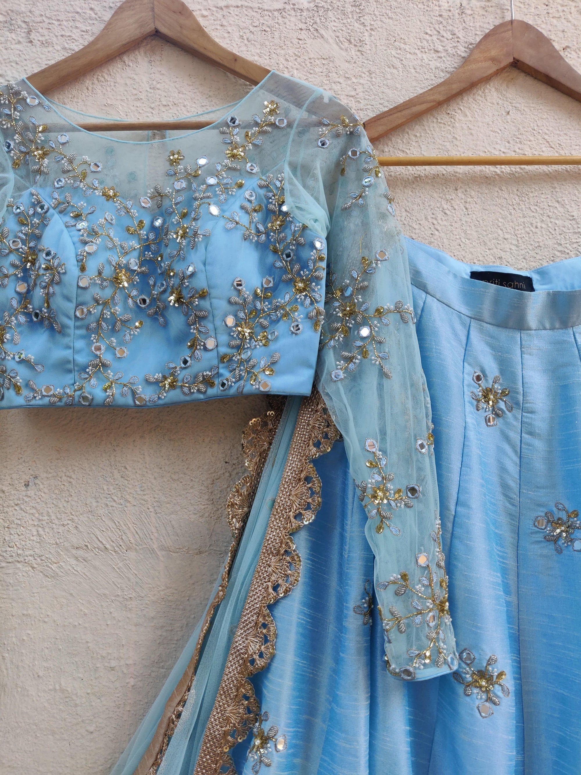 Powder Blue Mirror &amp; Thread Embroidered Lehenga Set - WaliaJones