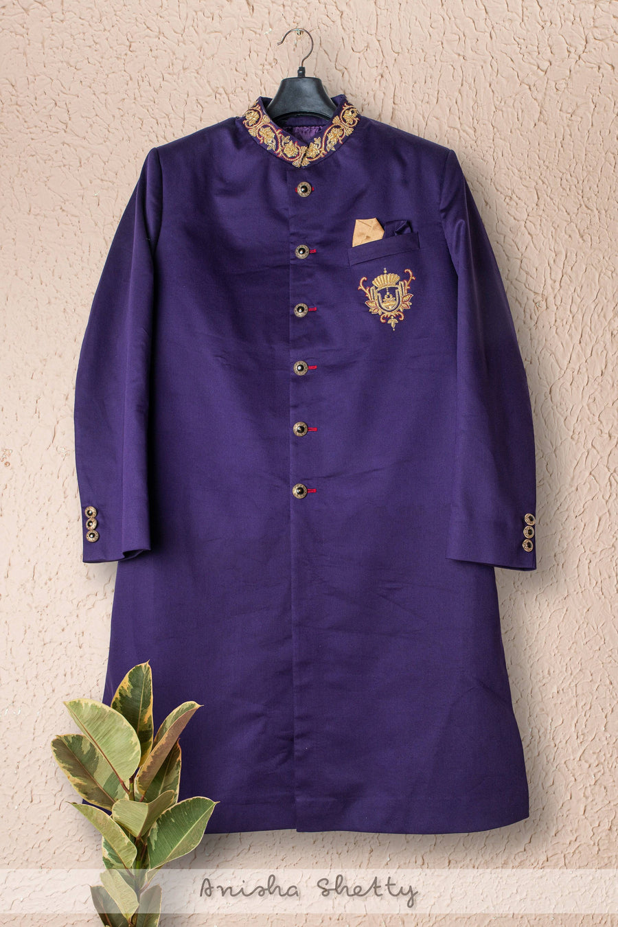 Purple & Gold Satin Cotton Sherwani - WaliaJones