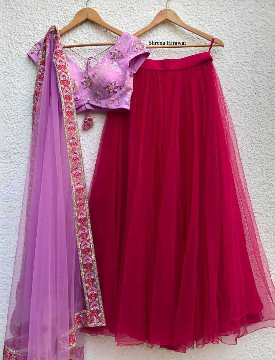 Purple Multi Sequins Blouse with Pink Net Skirt and Purple Dupatta - WaliaJones