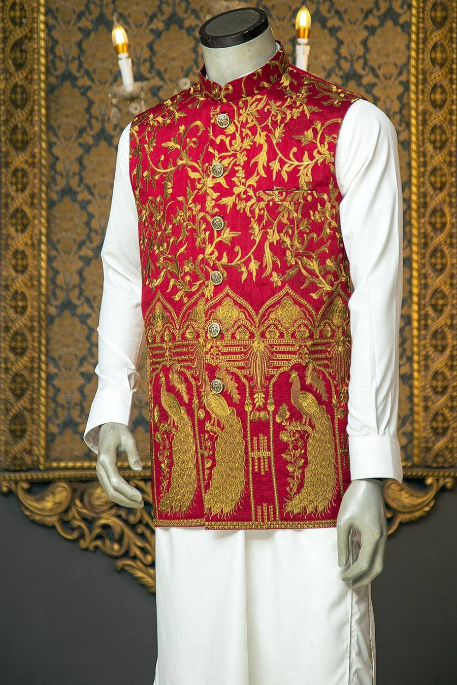 Radish Maroon Waistcoat with Copper Tilla Embroidery - WaliaJones