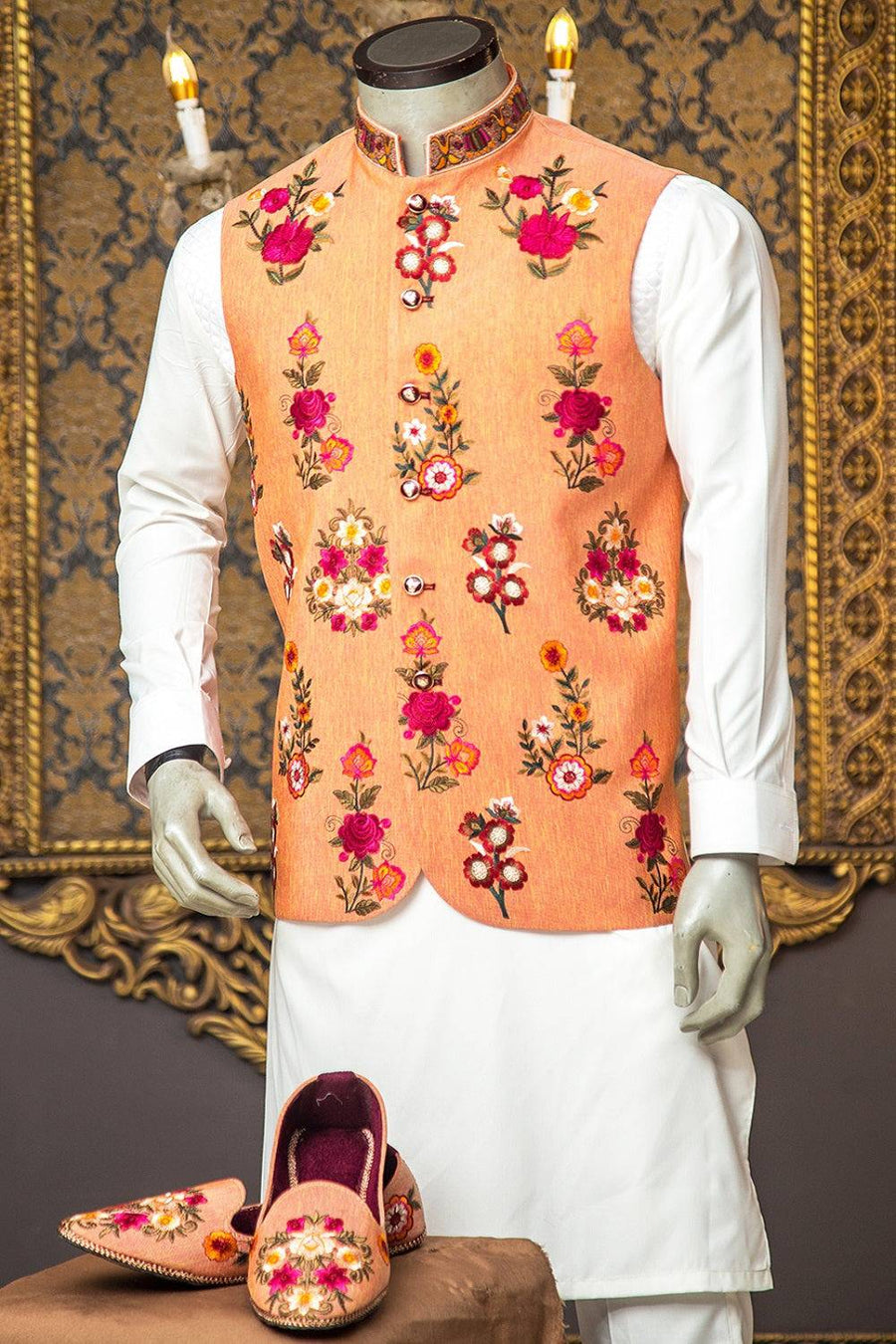 Raw Silk Waistcoat with Resham Embroidery Work - WaliaJones