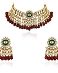 Red Beads with Green Meena Kari Necklace Set - WaliaJones