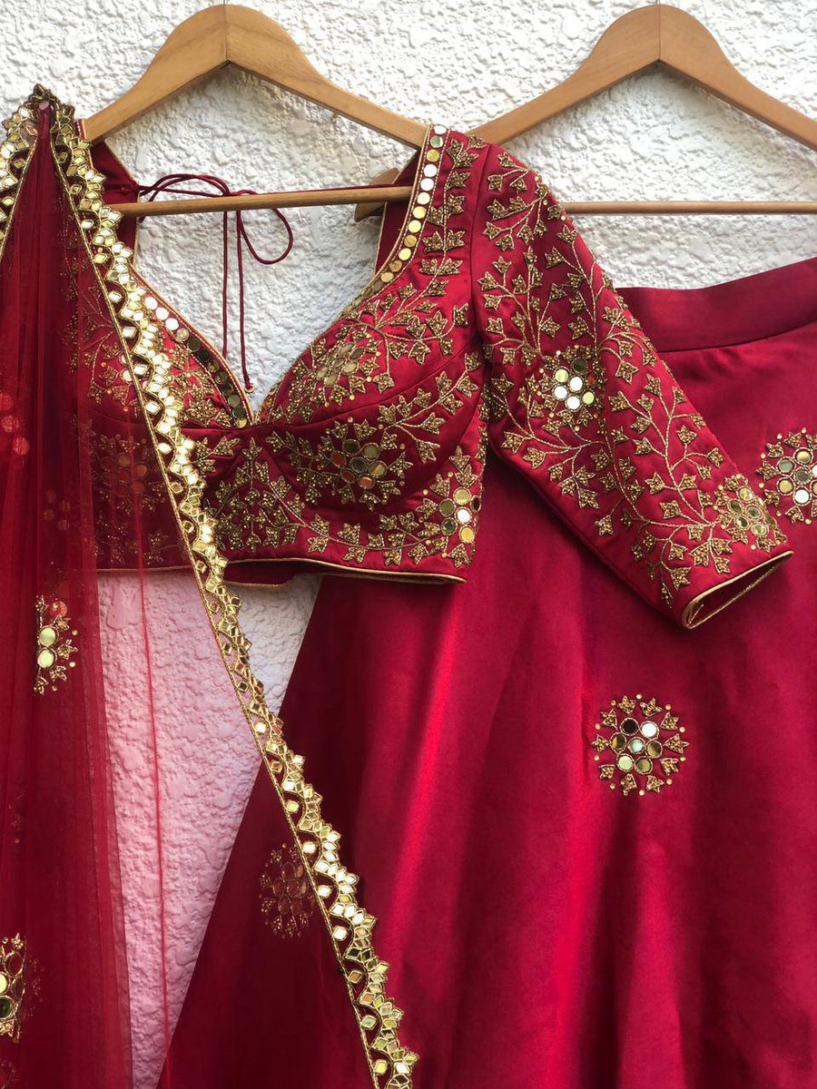 Red Crimson Mirror Bridal Lehenga Set with Sleeves - WaliaJones