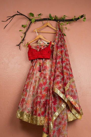 Red Printed Floral Lehenga with Red Embroidered Blouse - WaliaJones