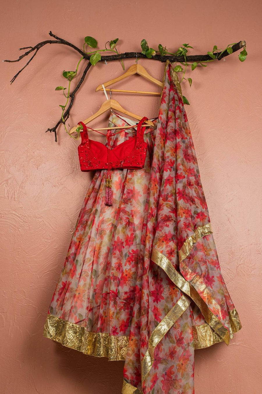 Red Printed Floral Lehenga with Red Embroidered Blouse - WaliaJones