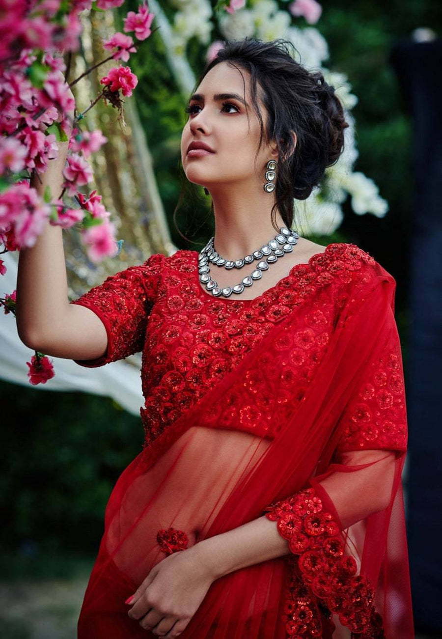 Red Saree Set With Floral Motifs - WaliaJones