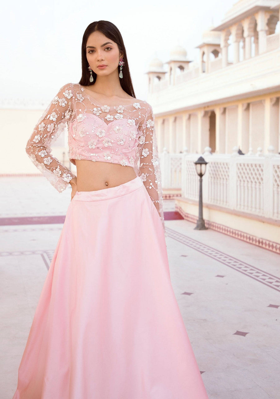 Rose Pink Blouse with Pearl Embroidery & Satin Skirt - WaliaJones