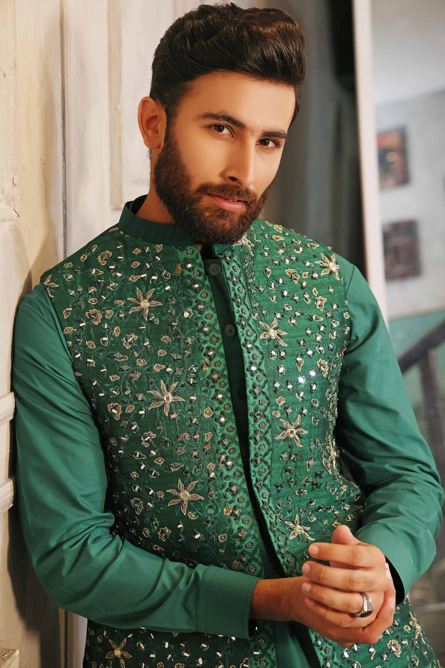 Silver & Golden Embroidered Green Waistcoat with Matching Raw Silk Suit - WaliaJones
