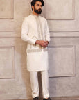 Silver Kaju-Shaped Design Waistcoat with Matching Raw Silk Suit - WaliaJones