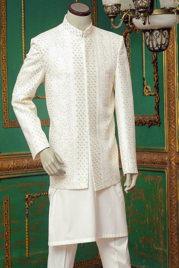 White Prince Coat with Embroidered Resham Sequence - WaliaJones