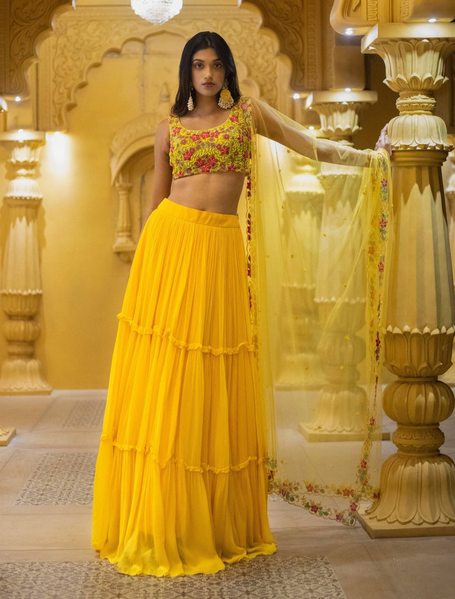 Yellow Embroidered Blouse and Dupatta with Tiered Skirt - WaliaJones