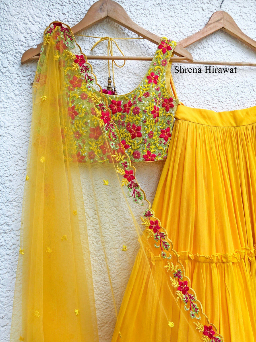 Yellow Embroidered Blouse and Dupatta with Tiered Skirt - WaliaJones