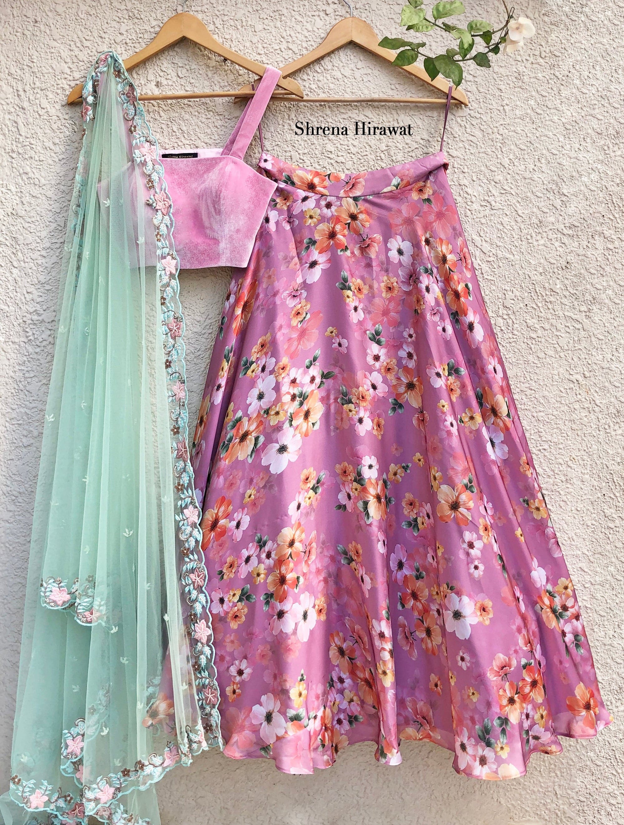 Zephyr Floral Skirt &amp; Pink Velvet Blouse Set - WaliaJones