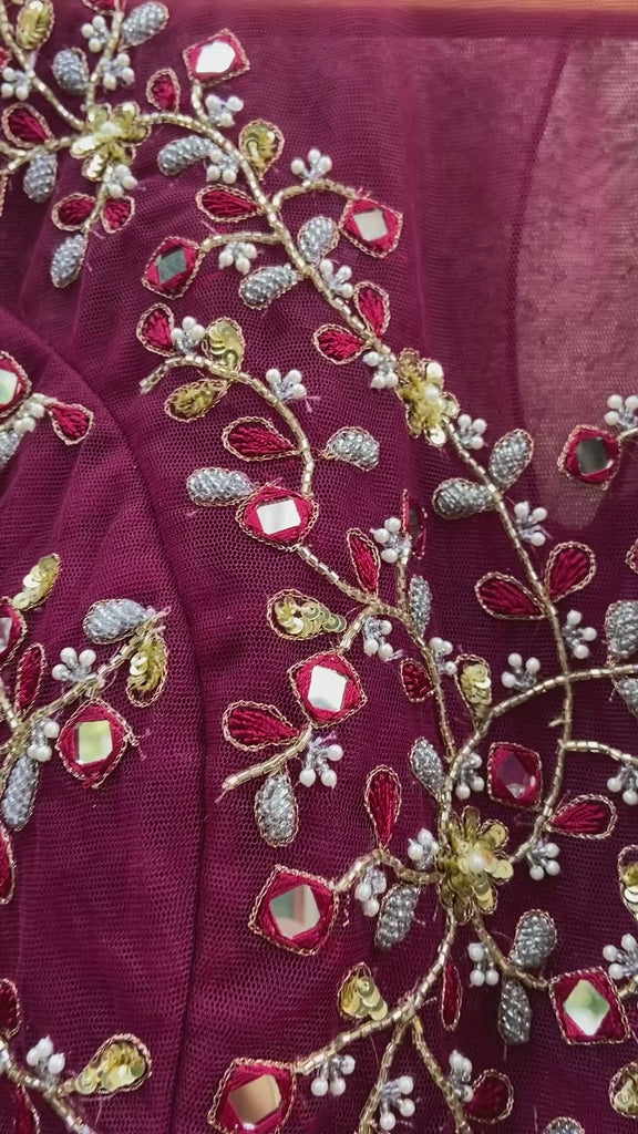 Burgundy Raw Silk Lehenga Set with Mirror and Thread Work