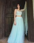 Mint Green Bustier with Pearl Embroidery, Tulle Skirt & Dupatta