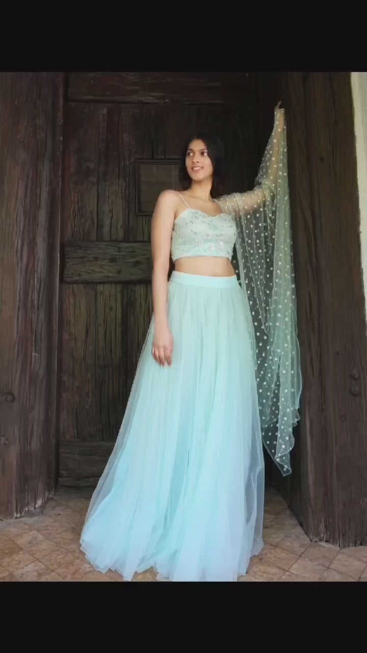 Mint Green Bustier with Pearl Embroidery, Tulle Skirt & Dupatta